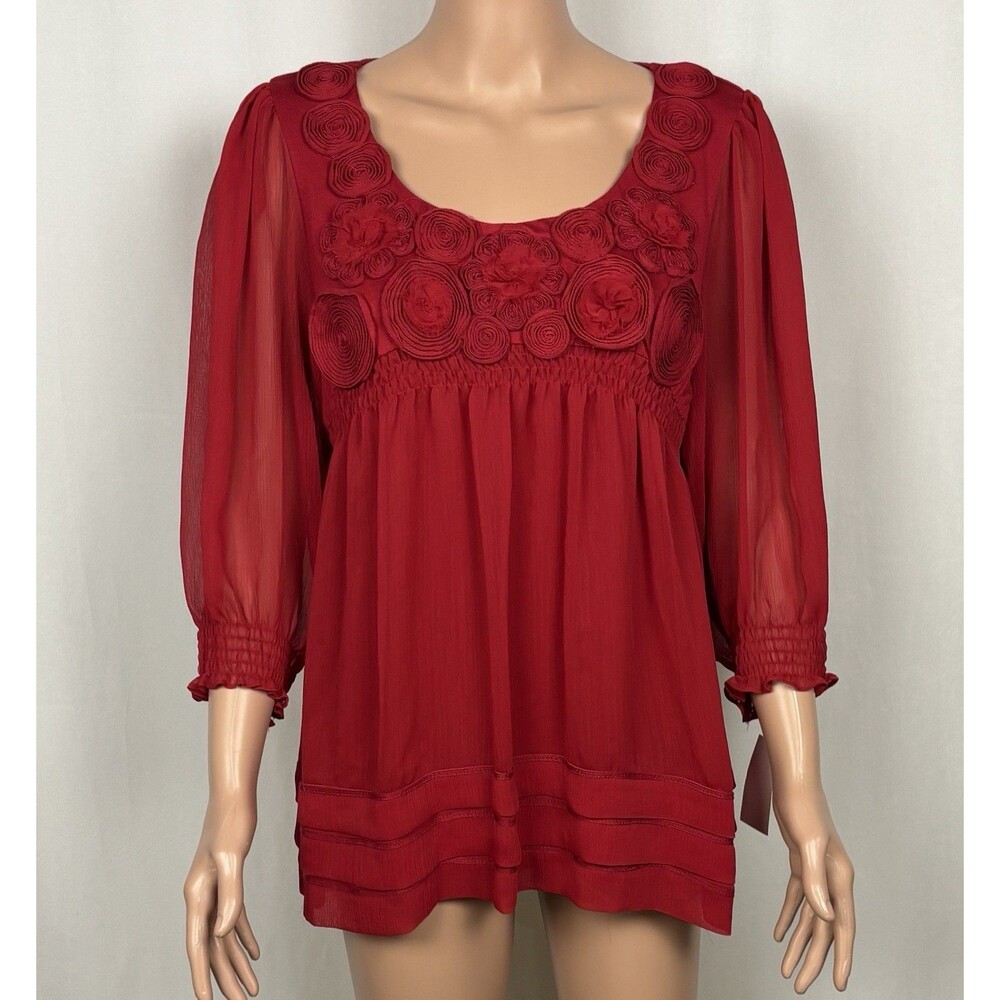 VINTAGE NWT iCE Red Rosette Babydoll Top L 3D Floral Sheer Tiered Y2K 3/4 Sleeve